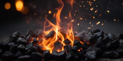 Burning charcoal with bright flames and sparks flying upward. photo