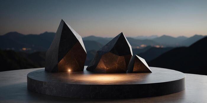 Illuminated Abstract Black Podium with Angular Rock Formations and Geometric Shapes for Modern Marketing Visual. photo
