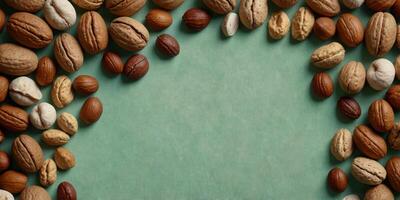 Frame of organic mixed nuts on a light green background Aerial view Copy space in the middle. photo