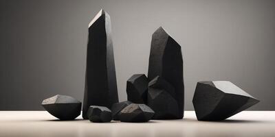 Illuminated Abstract Black Podium with Angular Rock Formations and Geometric Shapes for Modern Marketing Visual. photo