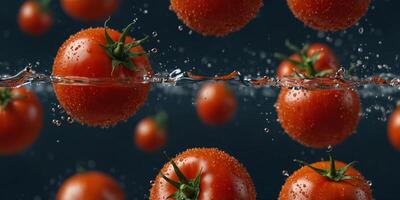 Fresh tomatoes and red chili peppers splashing in water. photo