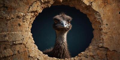cute emu bird coming through crack hole in solid color background with copy space. photo