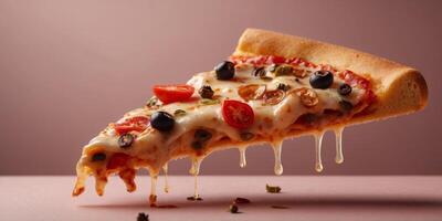 Floating pizza slice with toppings and spices on pink background. photo
