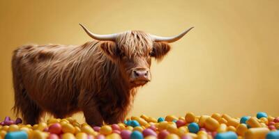 Highland cow surrounded colorful pills on yellow background. photo