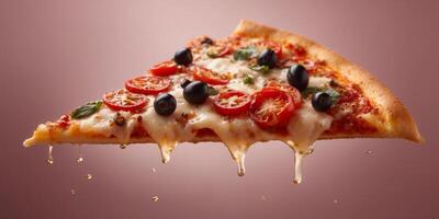 Floating pizza slice with toppings and spices on pink background. photo