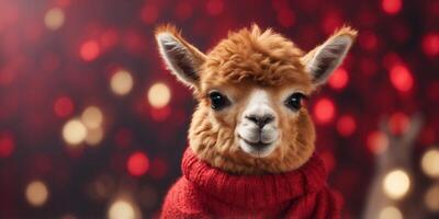 Cute alpaca in red sweater on festive background. photo