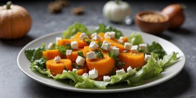 Fresh pumpkin salad with feta cheese green lettuce. photo