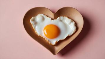 Heart shaped fried egg in pink background. photo