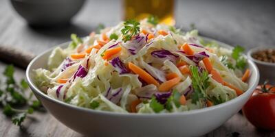 Fresh colorful coleslaw salad in a white bowl. photo