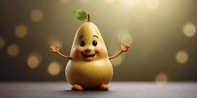 Joyful pear character greeting with smile. photo
