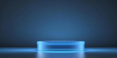 Illuminated Blue Neon Podium for Sleek Minimalist Product Display. photo