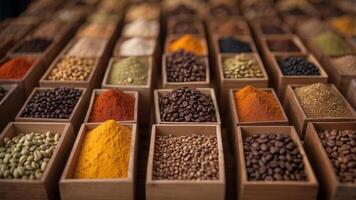 Wooden boxes filled with assorted spices and coffee beans. photo