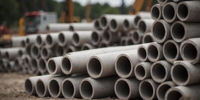 Stacked concrete pipes at a construction site. photo