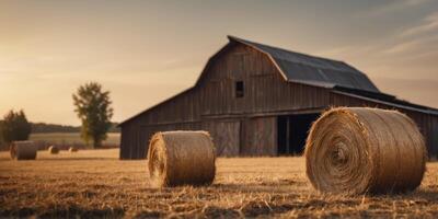 Rustic barn with hay bale on a serene farmland. photo