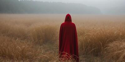 Traveler in a red cloak walking through a field of tall grass in foggy weather The concept of solitude and contemplation. photo