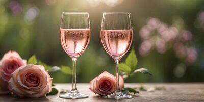 Sparkling rose wine in a glass with a garden background. photo