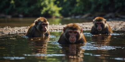 Monkeys cooling off in a river on a hot day. photo