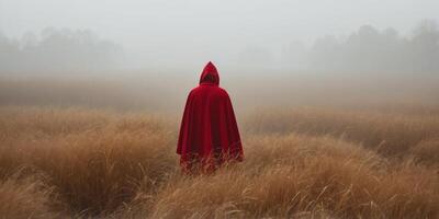 Traveler in a red cloak walking through a field of tall grass in foggy weather The concept of solitude and contemplation. photo