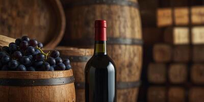 Wine Bottles and Grapes with Wooden Barrels in Background. photo