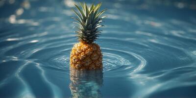 Sunlit pineapple floating in crystal clear blue water. photo