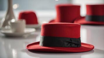 Two red top hats sit side by side on a white table surface. photo