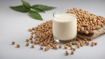 soy milk and soy bean it on white table background healthy concept benefits of soy. photo