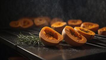 Roast the butternut squash in the oven after slicing it thinly Garnish with sage leaves for a final touch. photo