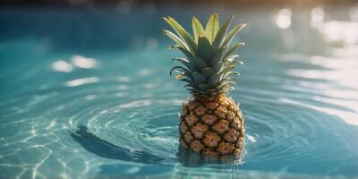 Sunlit pineapple floating in crystal clear blue water. photo