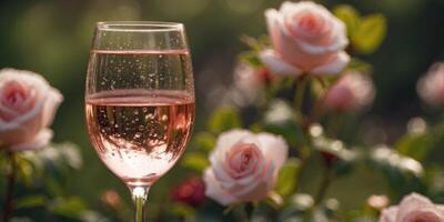 Sparkling rose wine in a glass with a garden background. photo