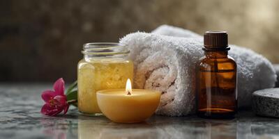 Spa essentials arranged on a marble surface. photo