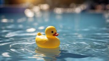 Yellow rubber duck floating in a clear blue pool Summer fun in the sun Creative summer concept. photo