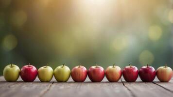 Row of colorful apples on a pastel background. photo