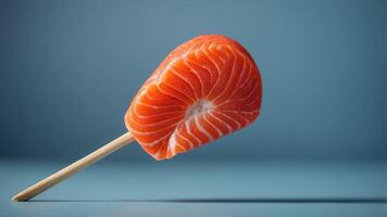 Slice of salmon like a lollipop on blue background Minimal food concept Side view. photo