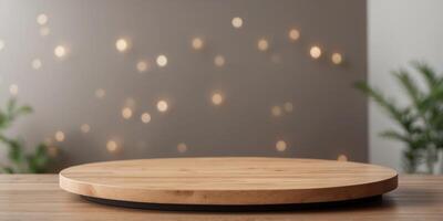 Modern Wooden Circular Stage on Neutral Background for Minimalist Designs. photo