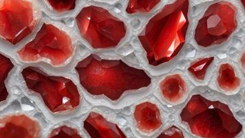 vibrant red geodes with sparkling crystal formations and contrasting white edges. photo