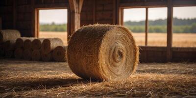 Rustic barn interior with large hay bale under ambient lighting. photo