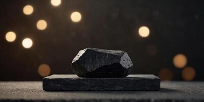 Minimalist Black Geometric Rock Podium with Subtle Lighting for Marketing Visuals. photo