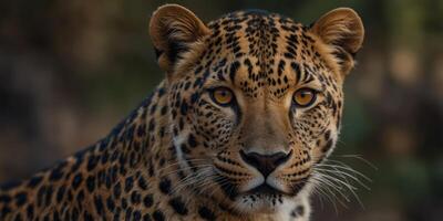 A close-up of a leopard's face with a blurred background. photo