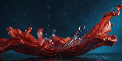 Dynamic splash of red silk in water on blue background. photo