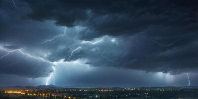 dark sky with heavy clouds with lightning during a thunderstorm. photo