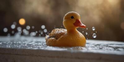Playful duck toy enjoying a bubble bath in a warm ambiance. photo