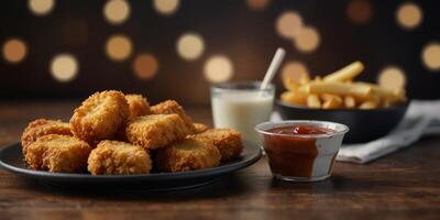 Crispy chicken nuggets and french fries with dipping sauce on table. photo