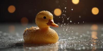 Playful duck toy enjoying a bubble bath in a warm ambiance. photo