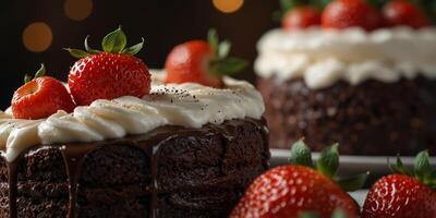 Decadent chocolate cake tower with fresh strawberries and creamy topping. photo