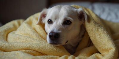 Cozy white dog wrapped in a soft yellow blanket. photo