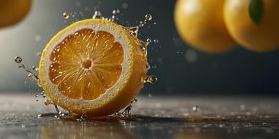 cut lemon for two parts with splashing juice. photo