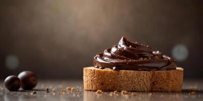 Delicious chocolate spread on toast for sweet breakfast. photo