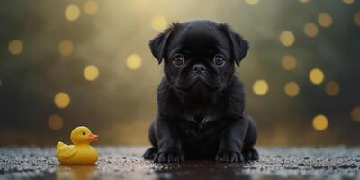 Adorable black pug puppy with yellow rubber ducky on head. photo