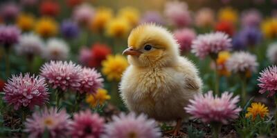 A Tiny Chick in a Field of Colorful Blooms. photo