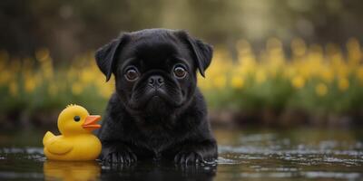 Adorable black pug puppy with yellow rubber ducky on head. photo